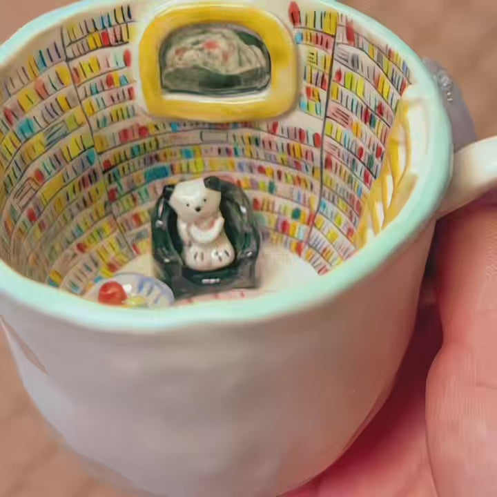 Handmade 3D Library Ceramic Mug | Miniature breakfast scene with a cozy bear eating eggs surrounded by hand-painted books | Artisan pottery by kiln solo